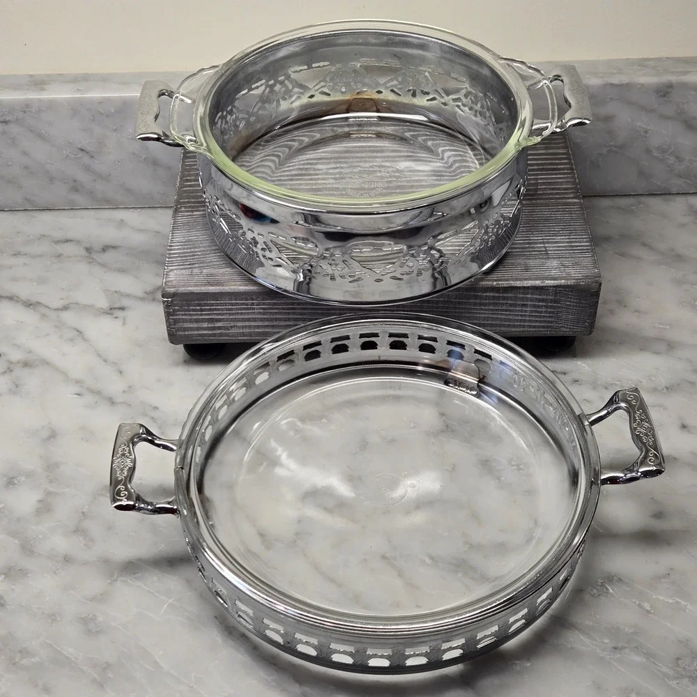 Vintage Fire-King and Pyrex Casserole Set with Silver Plated Filigree Carriers